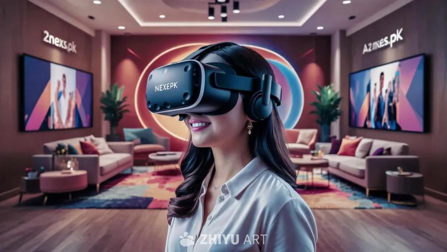 一名女子戴着黑色的VR头显，头显上印有“NEXEP