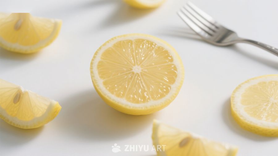 新鲜柠檬切片与叉子的静物图
