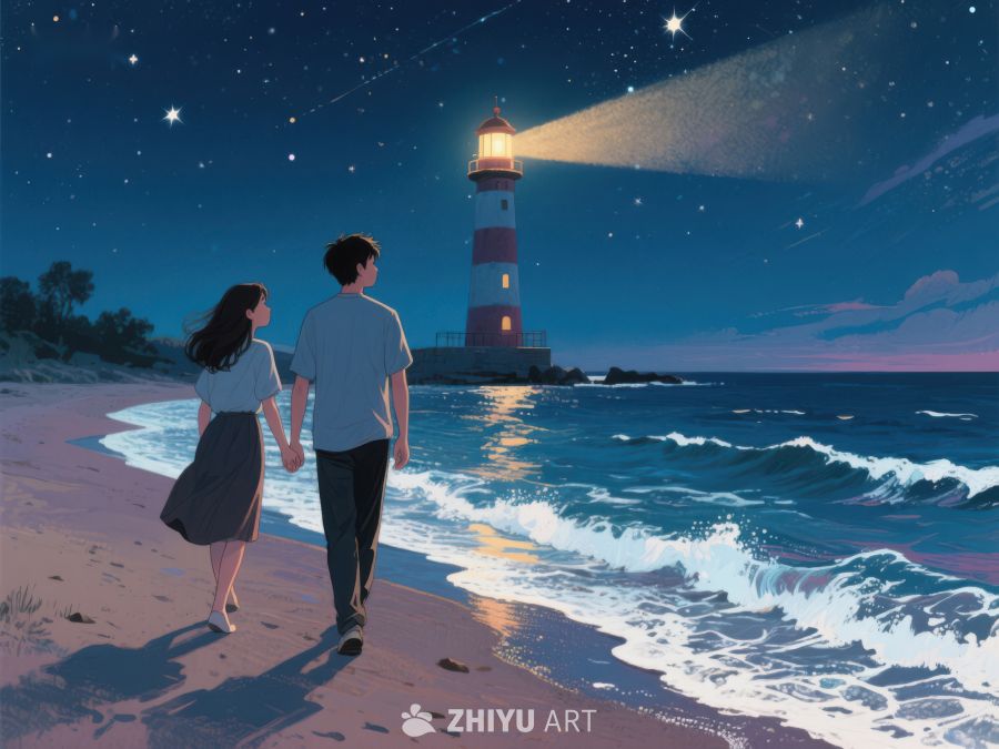 夜色下的灯塔与漫步情侣 1085