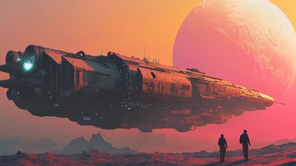 一艘宇宙飞船悬停在红色的地面上空，飞船上的灯光正在