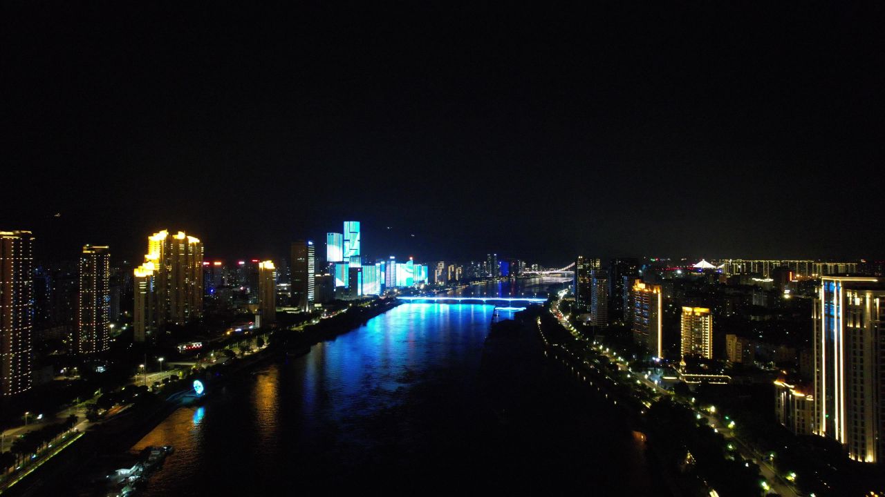 福建福州闽江两岸夜景航拍 