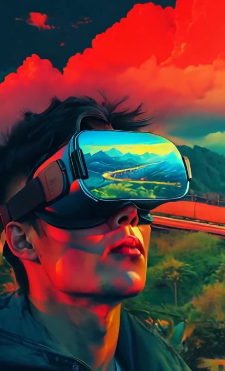 戴VR眼镜观赏公路风景的年轻人