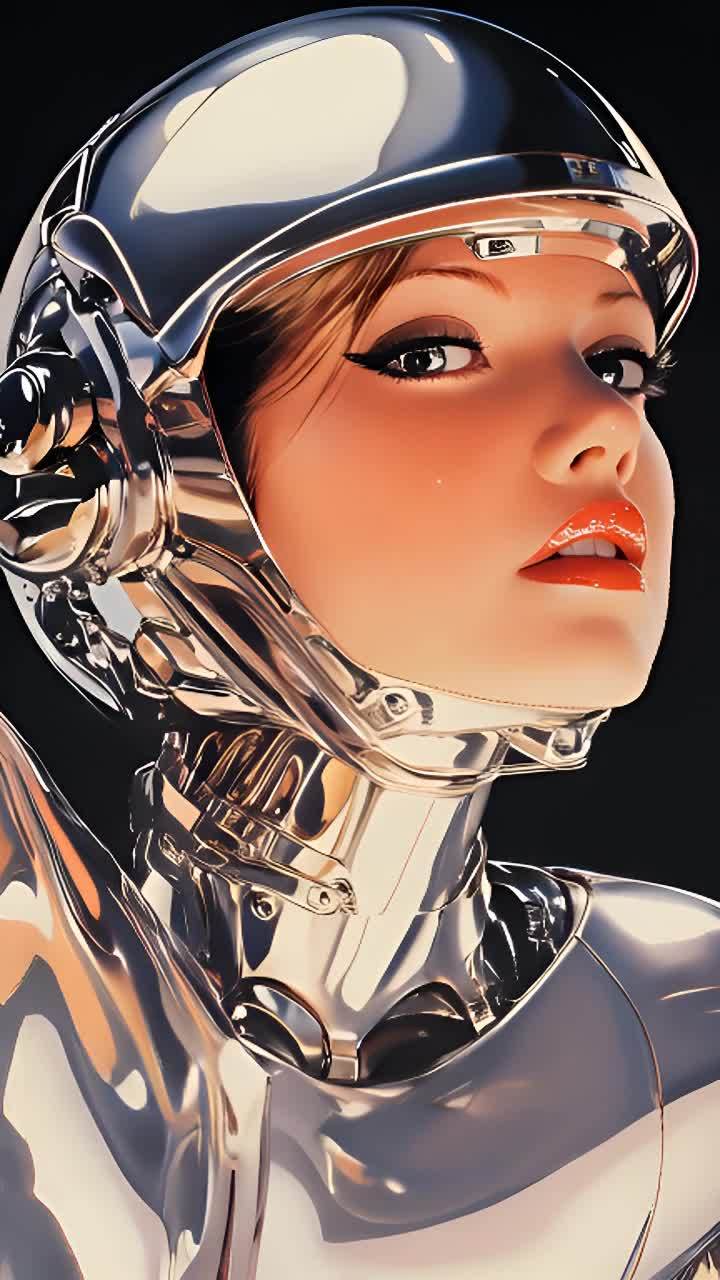 一个女性人物戴着银色的头盔，脸部化着浓妆，涂着红色