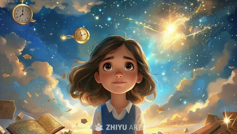 一个穿着蓝色背心的小女孩站在那里，她的周围漂浮着云