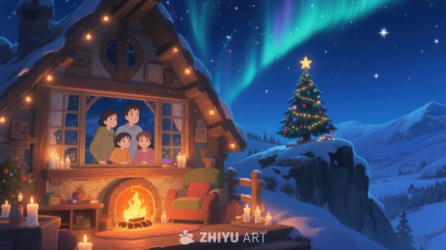 温馨小屋夜景，家人共赏极光 341