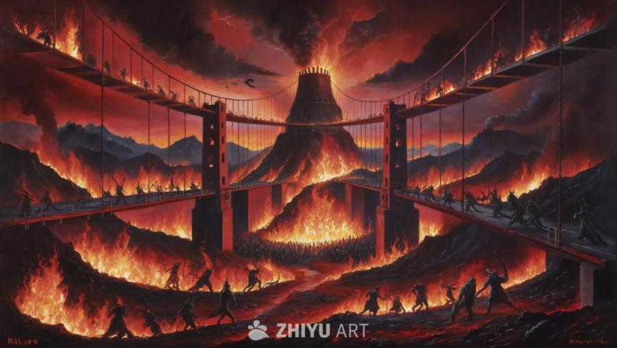 油画呈现一个地狱般的场景，以红色为主色调，光线昏暗