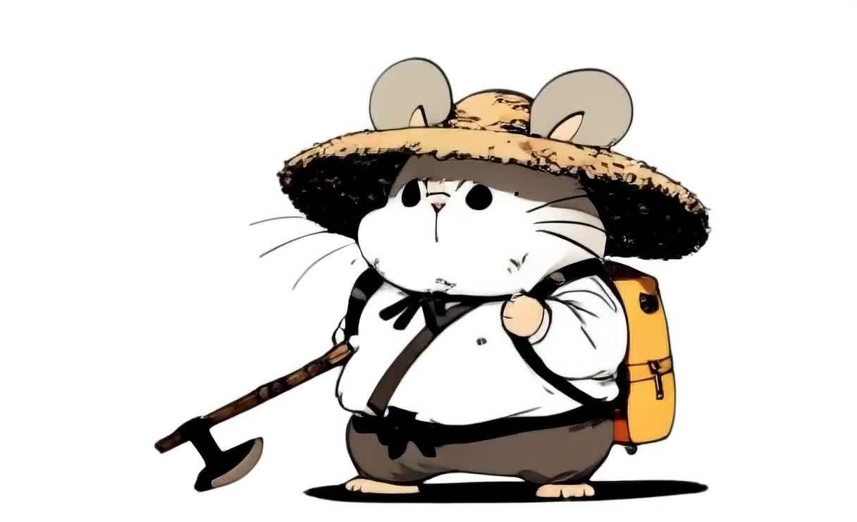 戴草帽持斧头的拟人老鼠准备行动