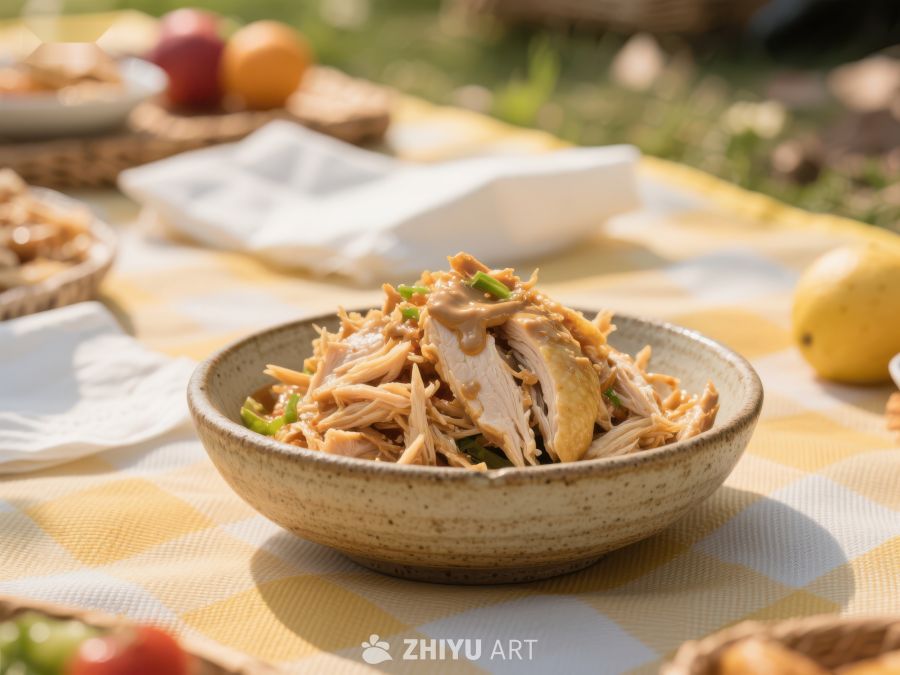 户外野餐桌上美味的撕鸡沙拉 277
