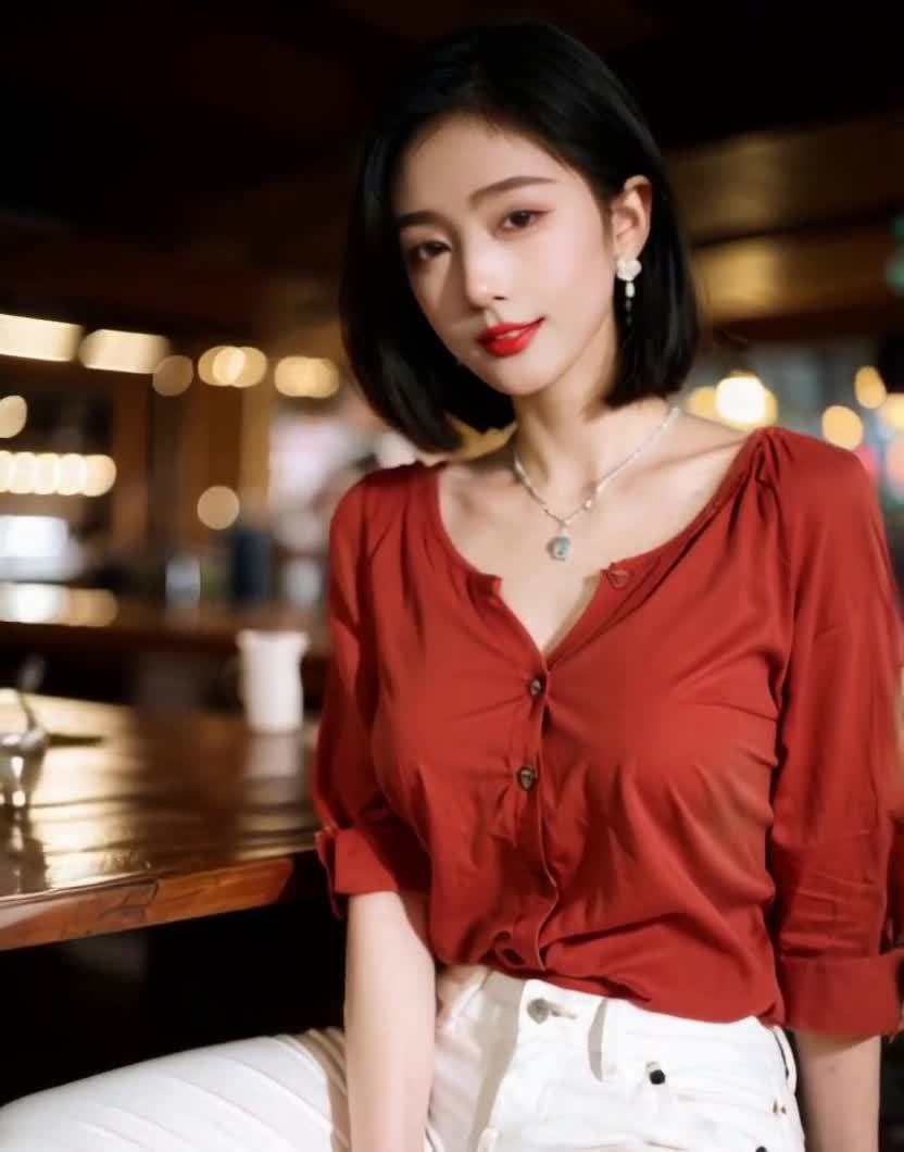 红衬衫白裤及肩短发女子浅笑
