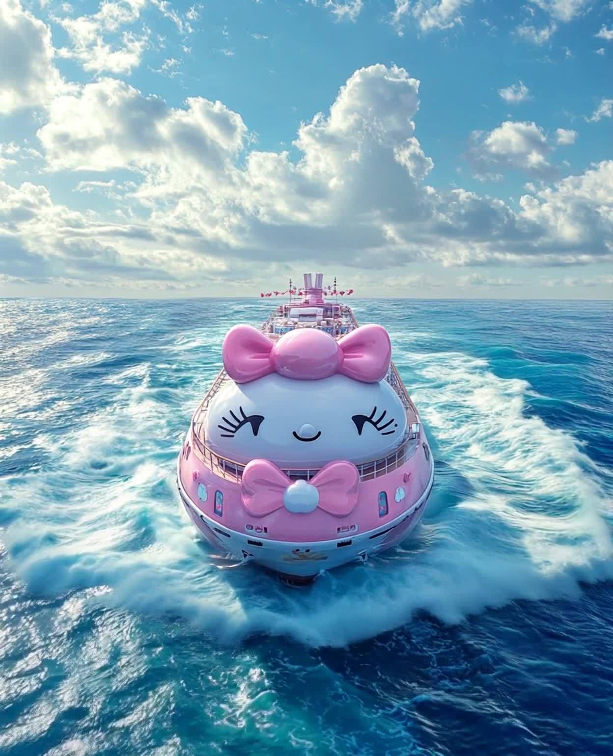 一艘装饰有卡通人物的粉色邮轮在海面上行驶，邮轮船头