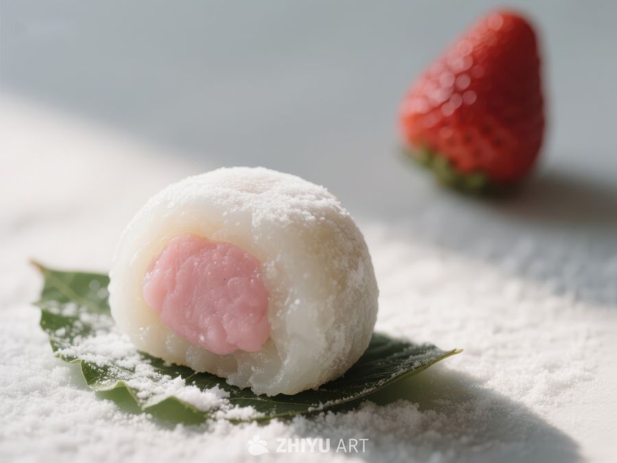 草莓夹心糯米团，点缀绿叶与糖粉 7