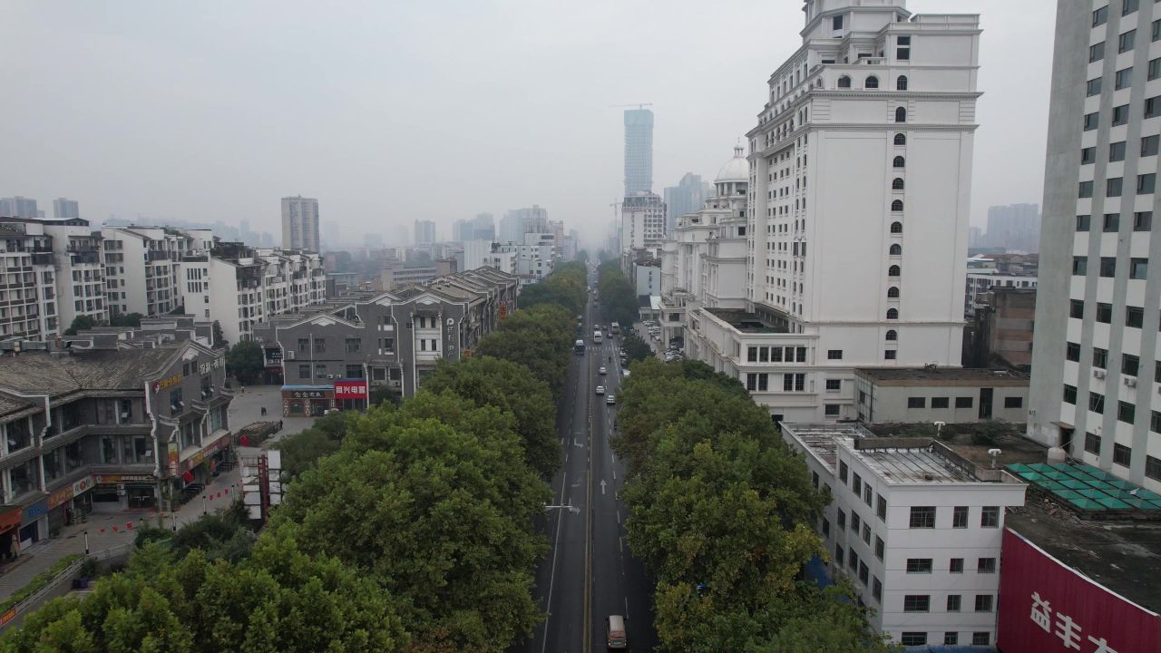 湖南岳阳城市清晨风光航拍 