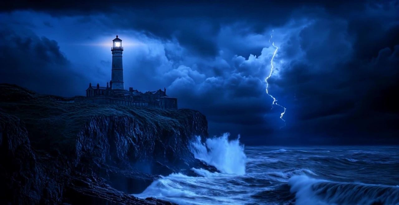 画面中呈现了夜晚的海洋场景，海面波涛汹涌。左侧，一