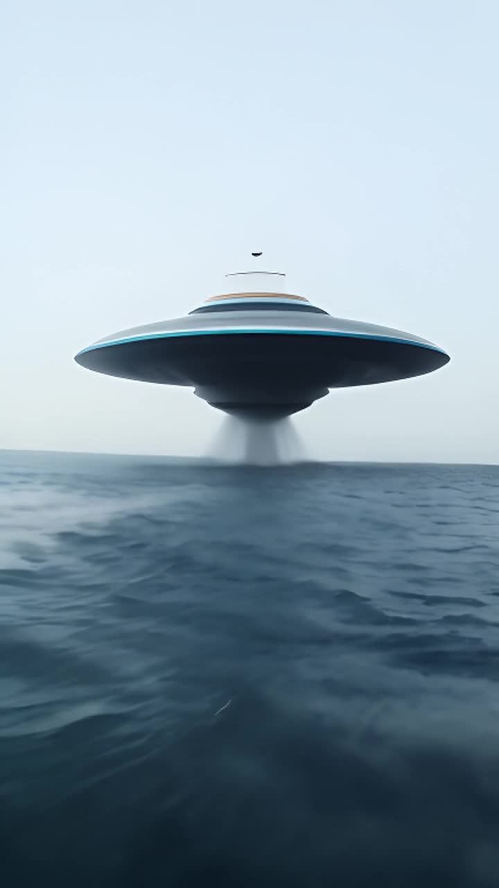 一个碟形的UFO从海面升起，留下白色的水柱。它正在