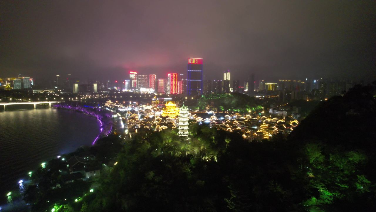广西柳州窑埠古镇夜景灯光航拍