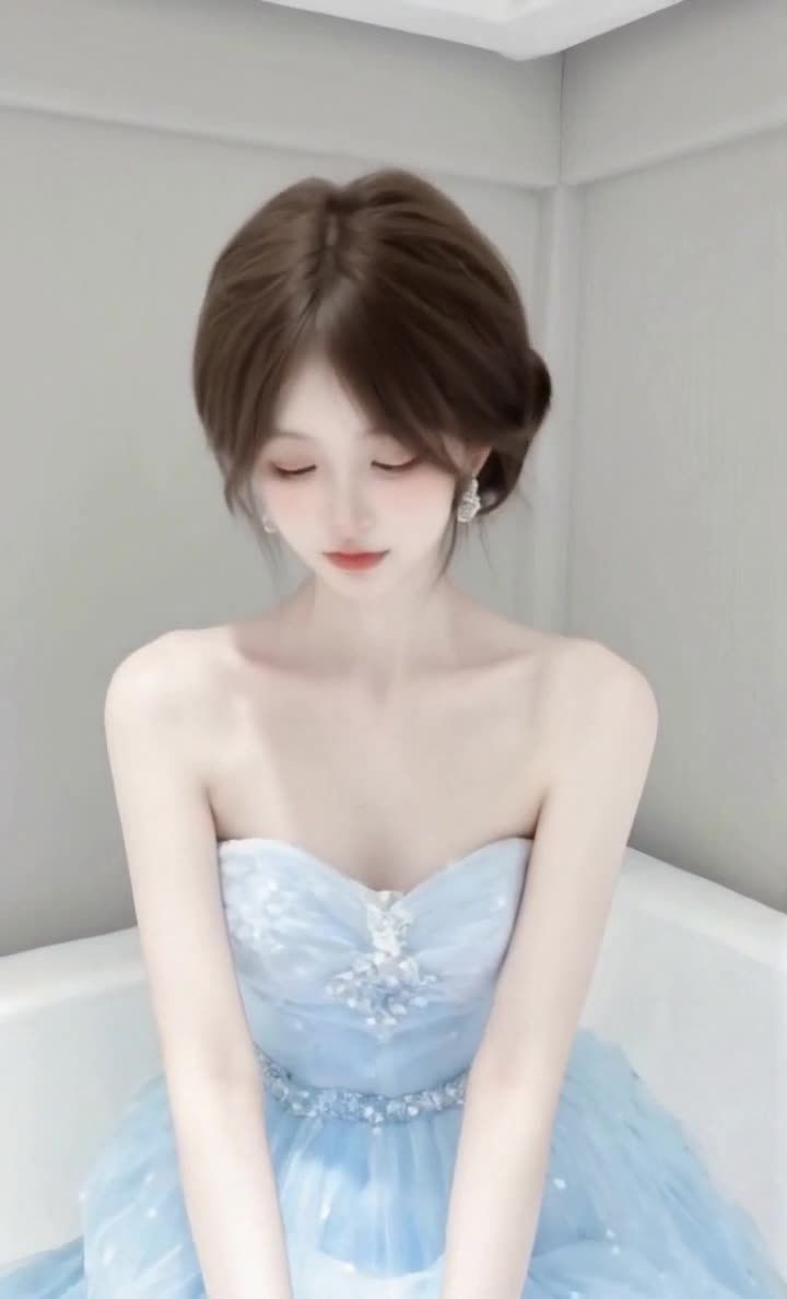 身着蓝色礼服的东方女子，棕发红唇凝视镜头