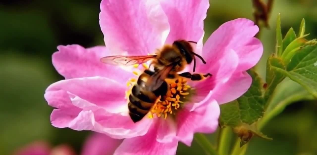 蜜蜂采蜜：粉红花蕊上的勤劳身影
