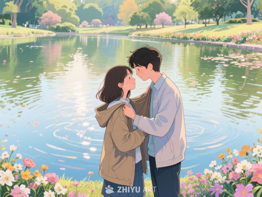 湖畔花丛中的温馨情侣 274