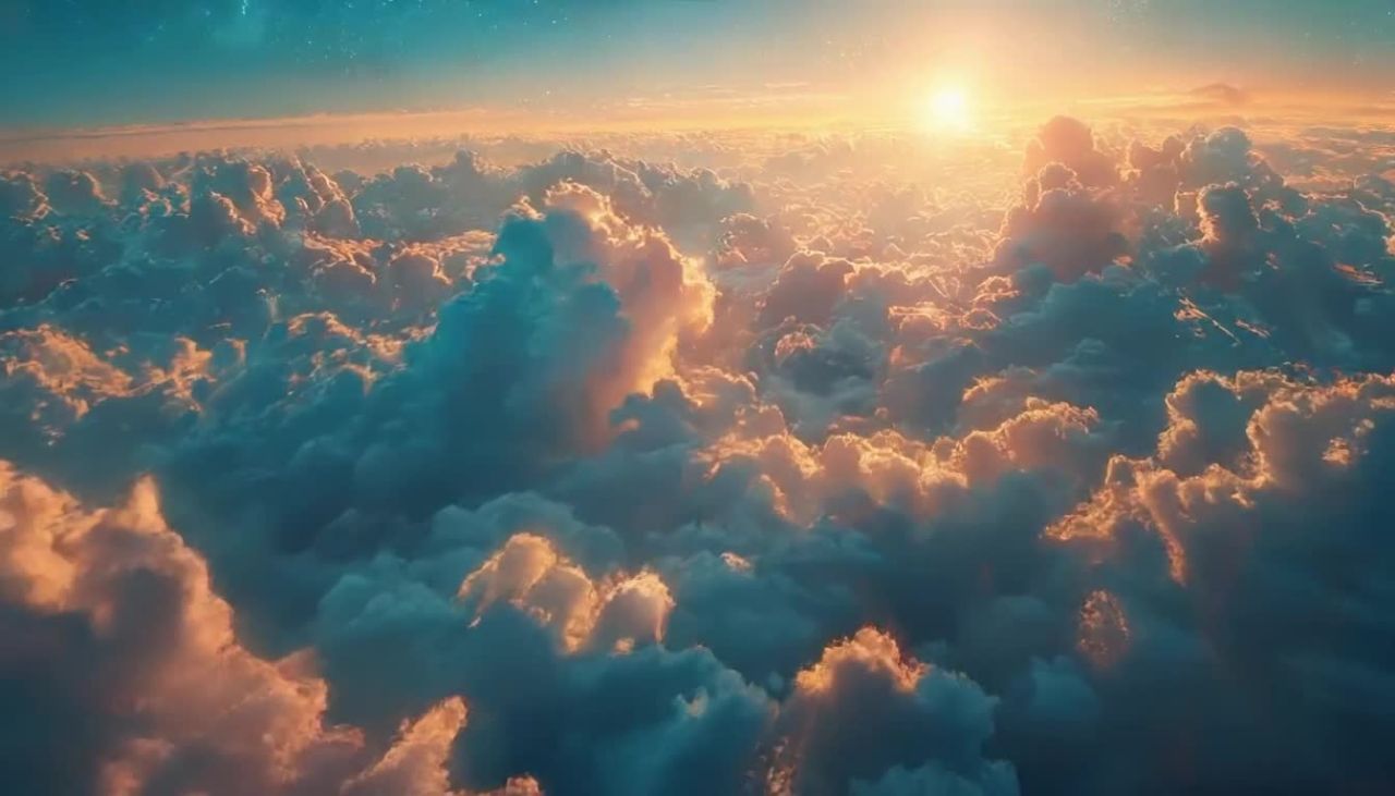 天空中漂浮着许多云朵，云朵呈现出蓝色和橙色。太阳在
