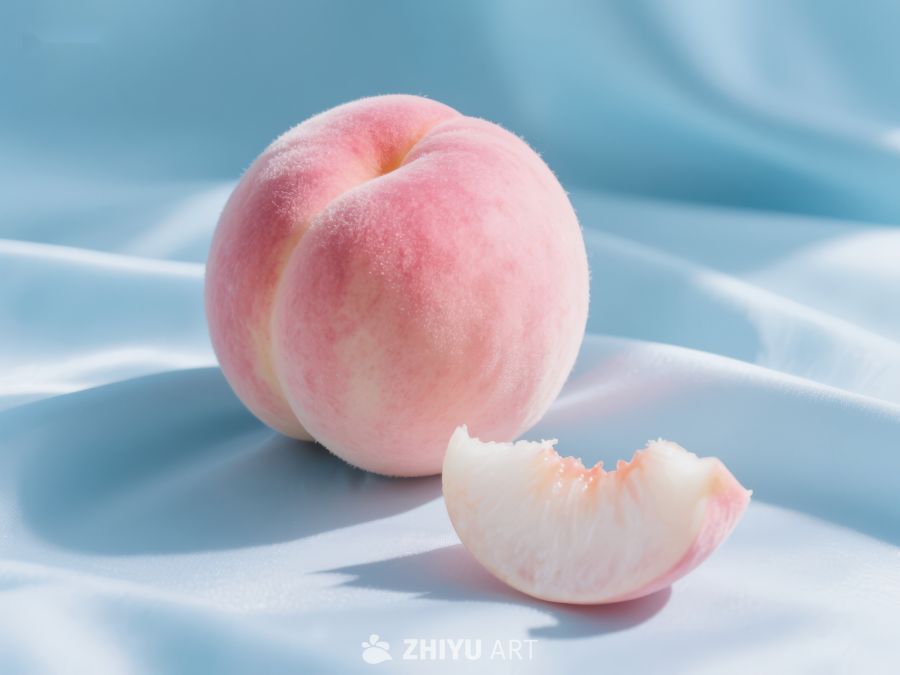 新鲜桃子与切片，蓝布背景 732