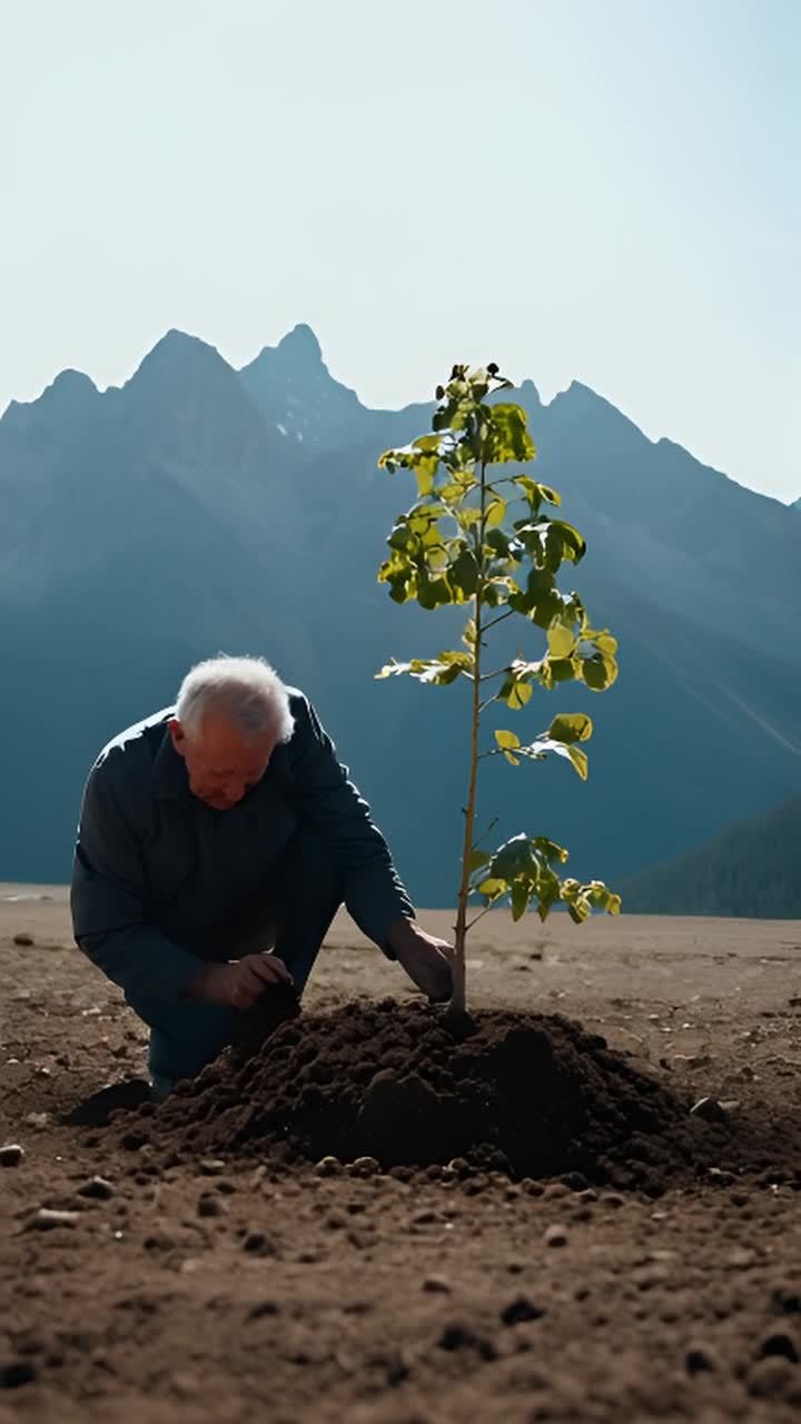 一位老年男子在一片贫瘠的土地上种植一棵树。画面为远