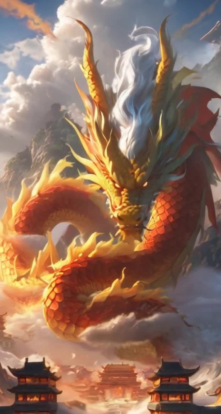 金色巨龙盘踞云海，俯瞰东方古风建筑群。