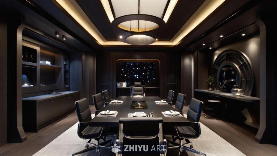 一间深色的办公室兼餐厅，配备有黑色皮椅、长桌以及白