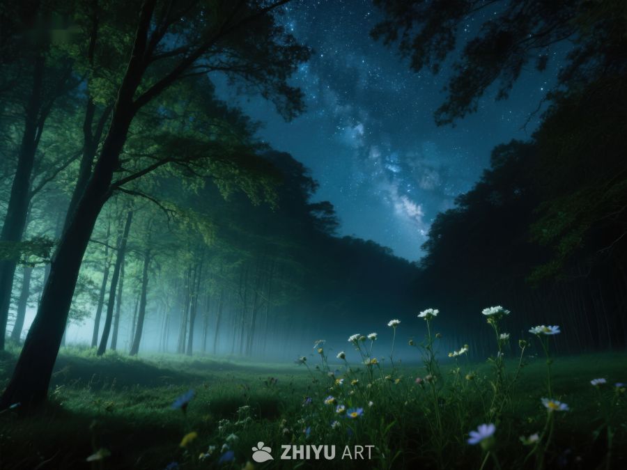 夜空下的森林与野花 370