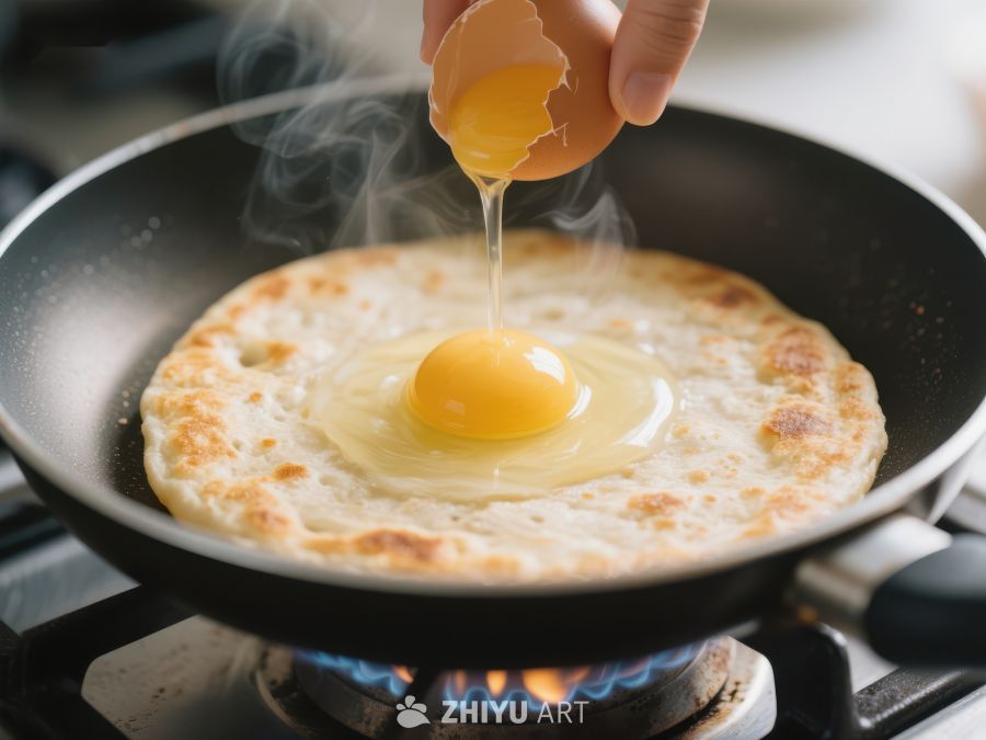 煎锅中打入鸡蛋制作美食 390