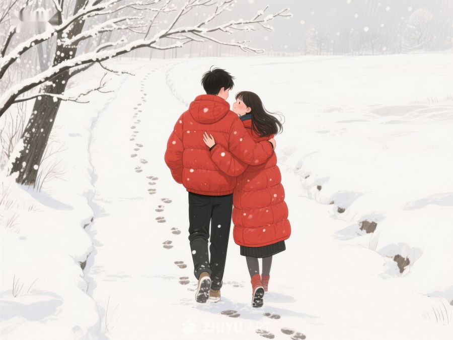 冬日雪景中漫步的情侣 139