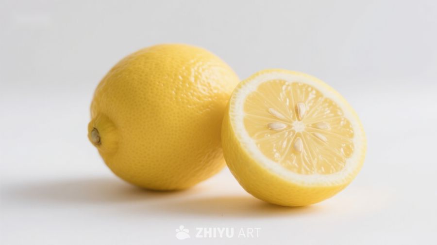 新鲜柠檬，一半切开展示