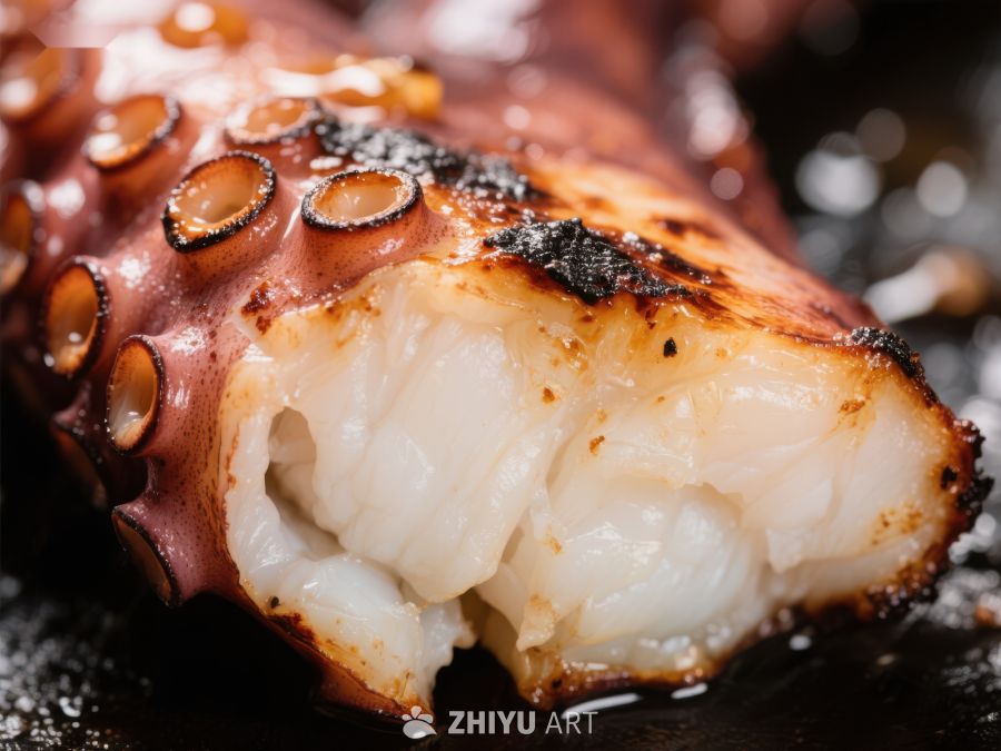 烤制鱿鱼特写，鲜嫩多汁