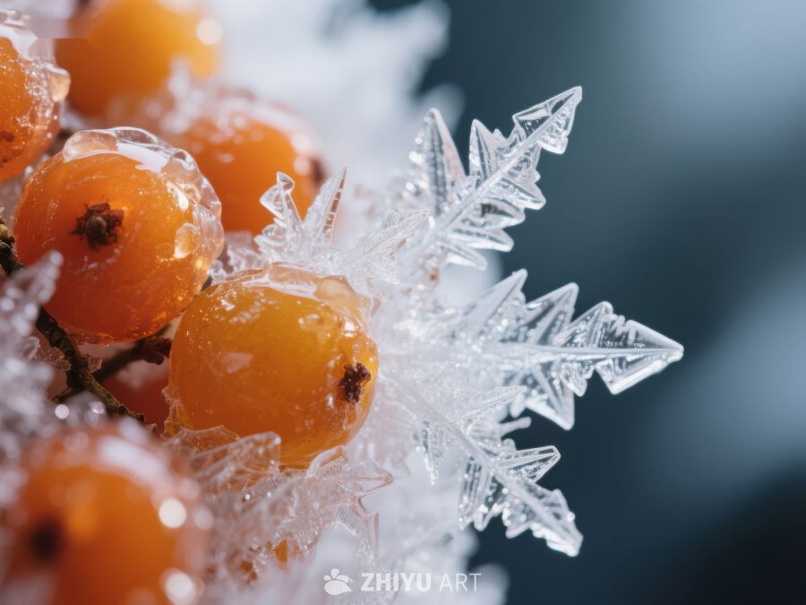 冰晶与橙色浆果的冬日特写 15