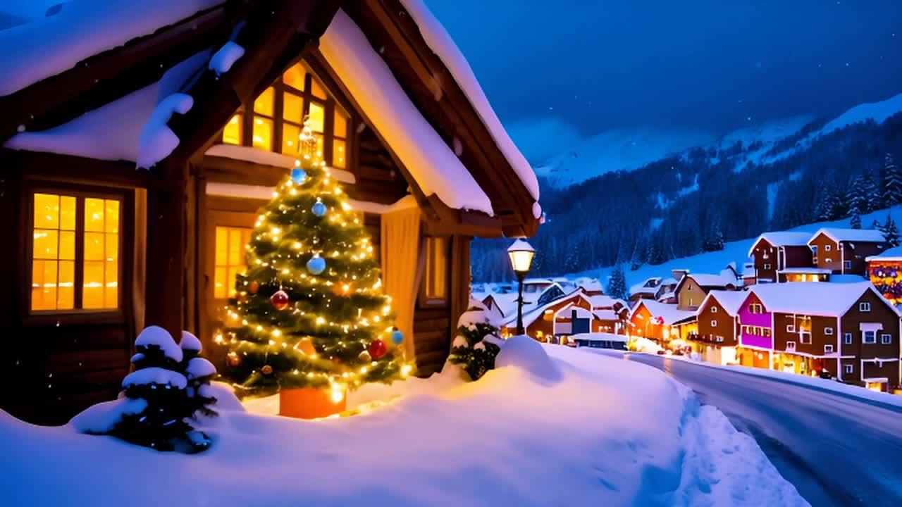 一个木质圣诞房屋坐落在雪山中，房屋内部有柔和的金色