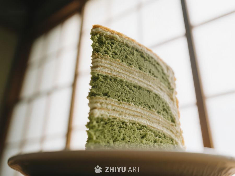 抹茶蛋糕切片，层次分明