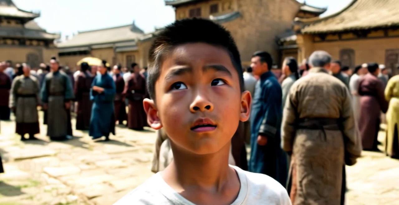 现代男孩穿越古代，面露惊讶。