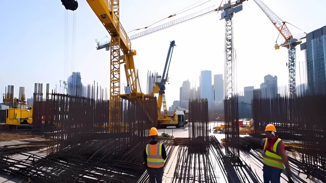 一个现代建筑工地，两名工人穿着反光背心和安全帽，站