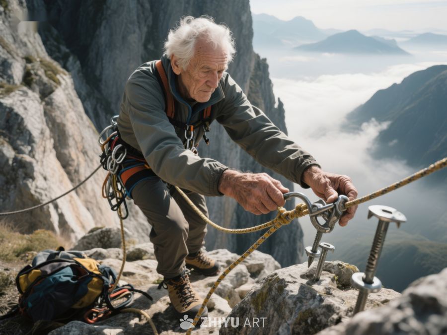 登山者在峭壁上调整绳索 53