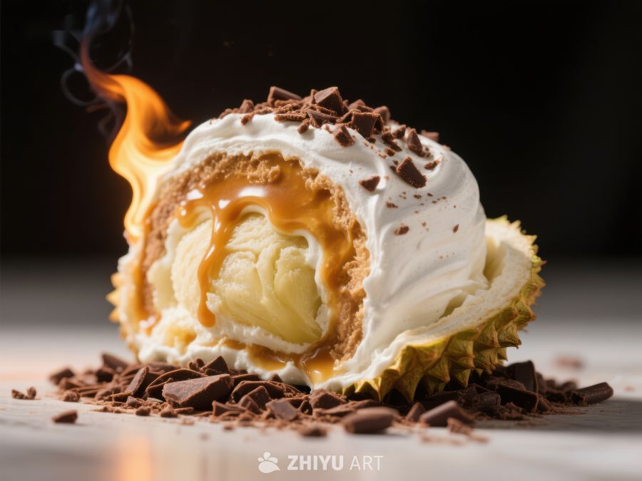 火焰点缀的榴莲冰淇淋卷