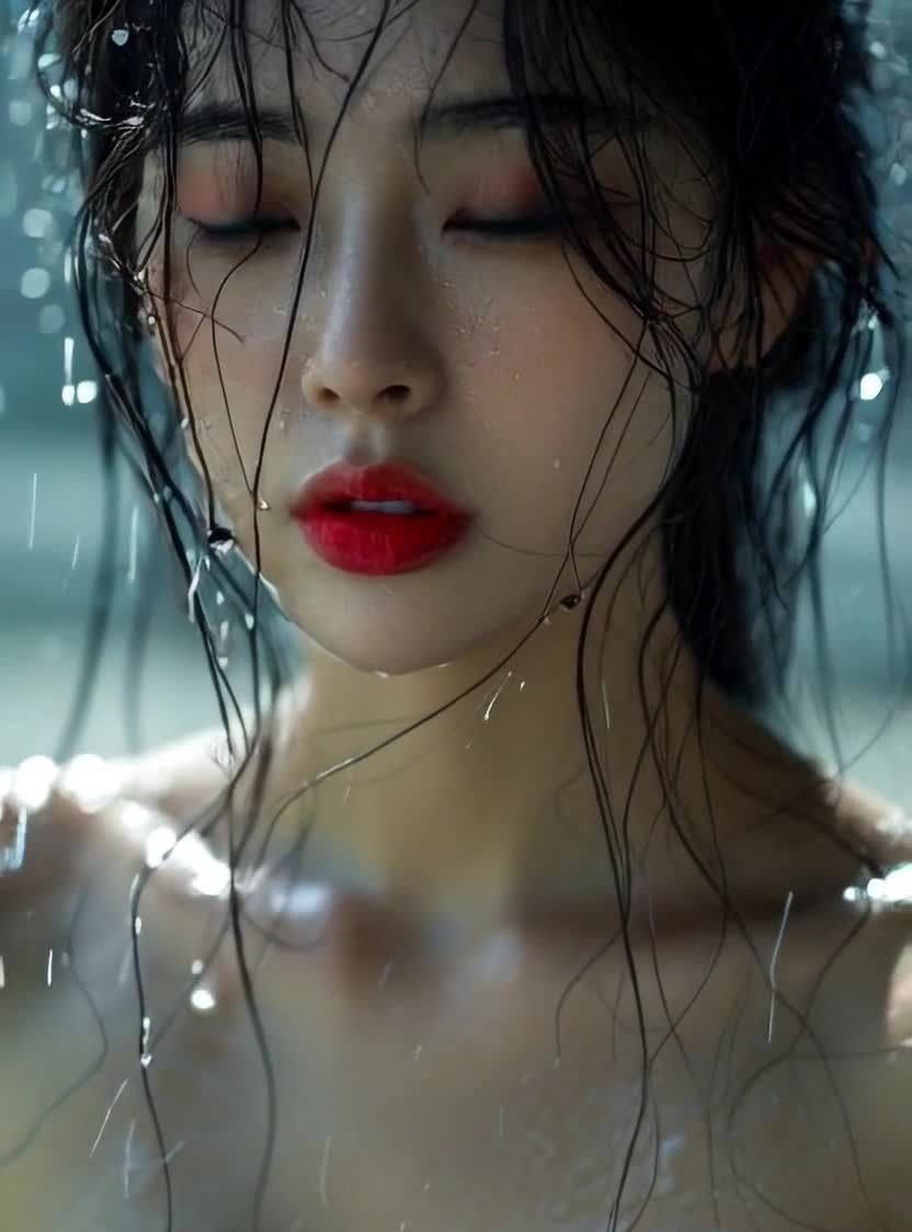 雨中湿发红唇女子直视镜头