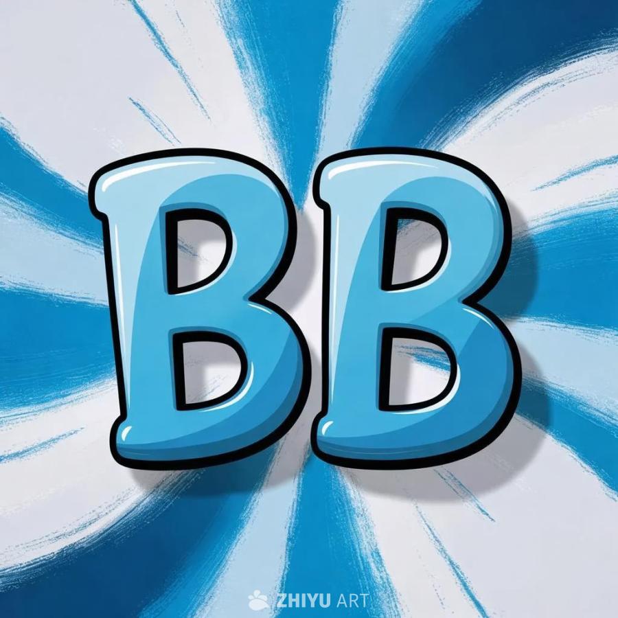 蓝色的“BB”字母，采用卡通风格的字体，背景颜色为
