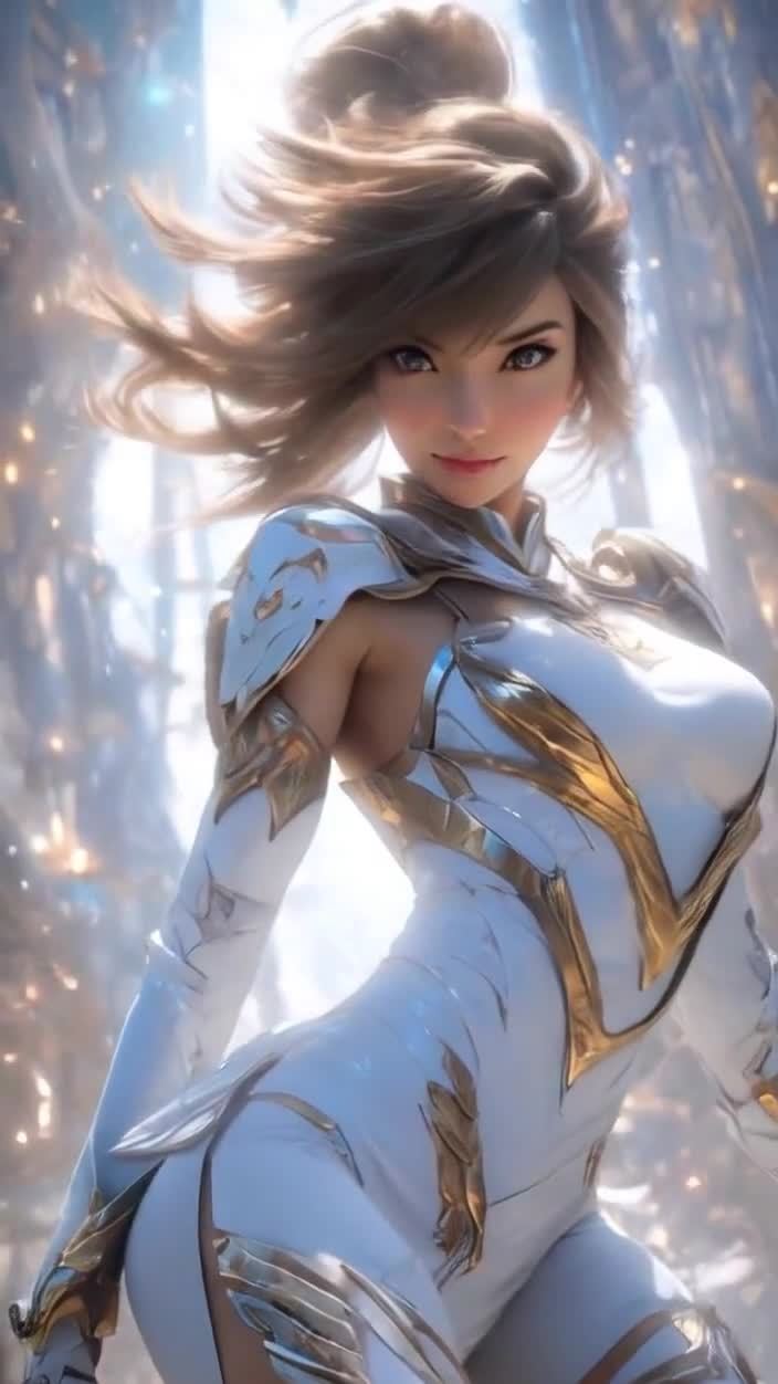 科幻风格：身穿白色战甲的微笑美丽女性