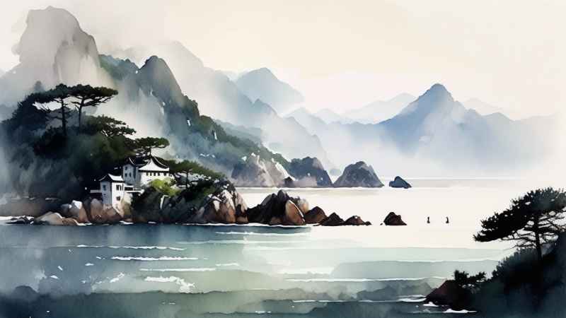雾气缭绕大海山水画简约风格 8