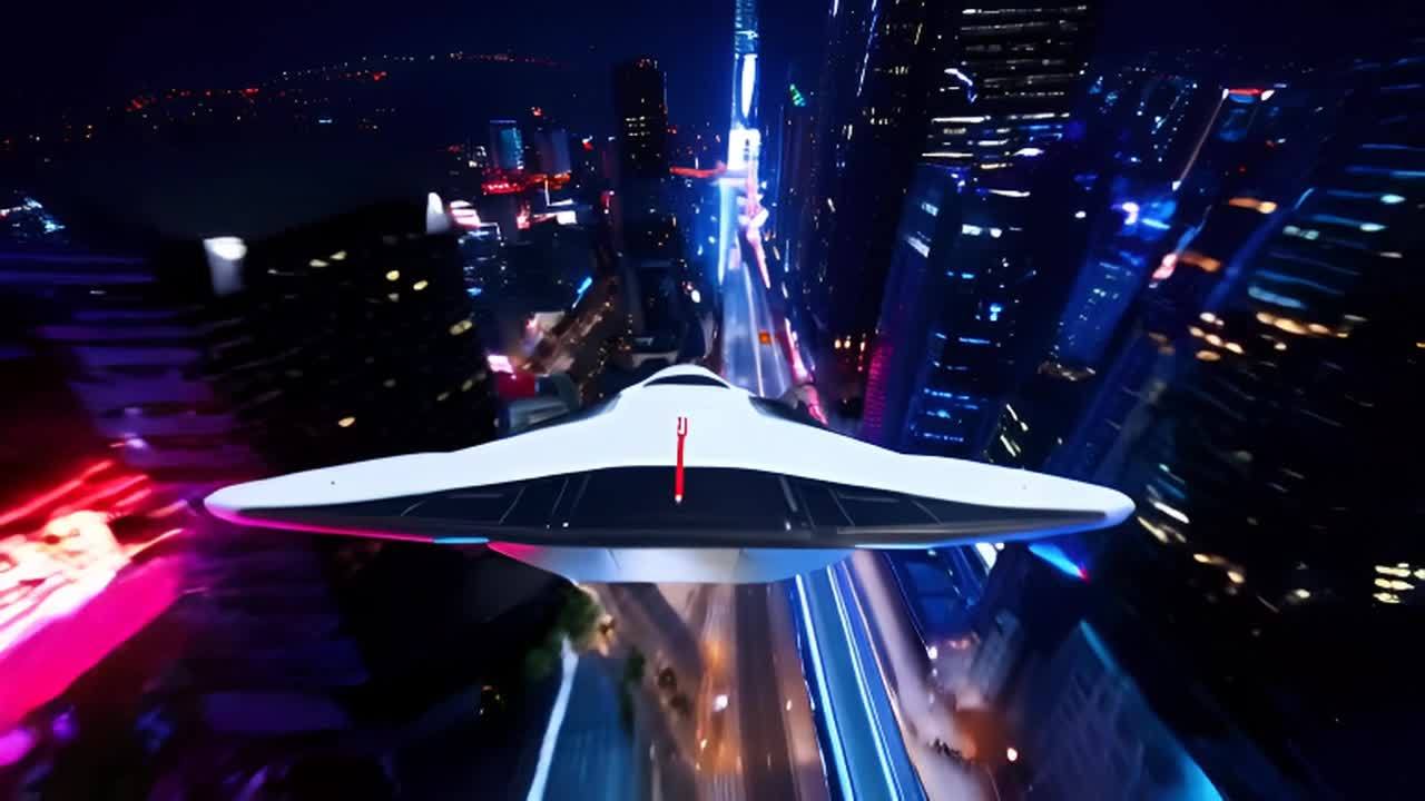 一架未来派的宇宙飞船在城市上空飞行。它是一艘光滑的