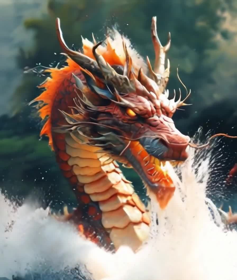 红橙巨龙喷水吐火，水中巍峨身姿栩栩如生。