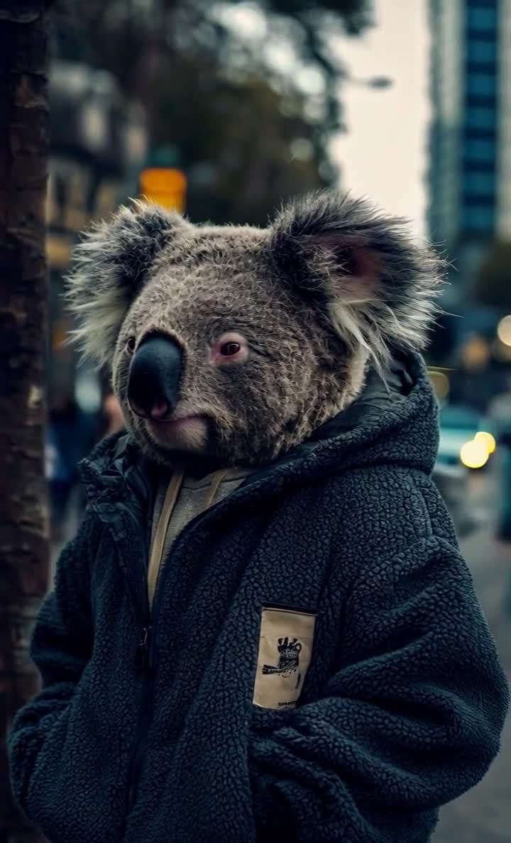 城市街头的连帽衫考拉