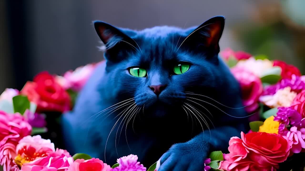 一只蓝紫色的猫咪安静地卧在一圈五彩斑斓的花环之中。它那双明亮的眼睛闪烁着好奇与期待的光芒。镜头缓缓推进，清晰地捕捉到猫咪优雅的姿态，仿佛它正准备登上舞台，面对麦克风发表演讲一般。此刻，这只神秘的猫咪似乎已经准备好给观众带来一场意想不到的惊喜。
