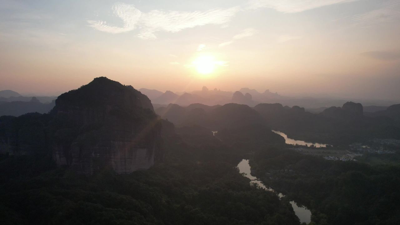 广东韶关丹霞山5A景区日出日落晚霞航拍 