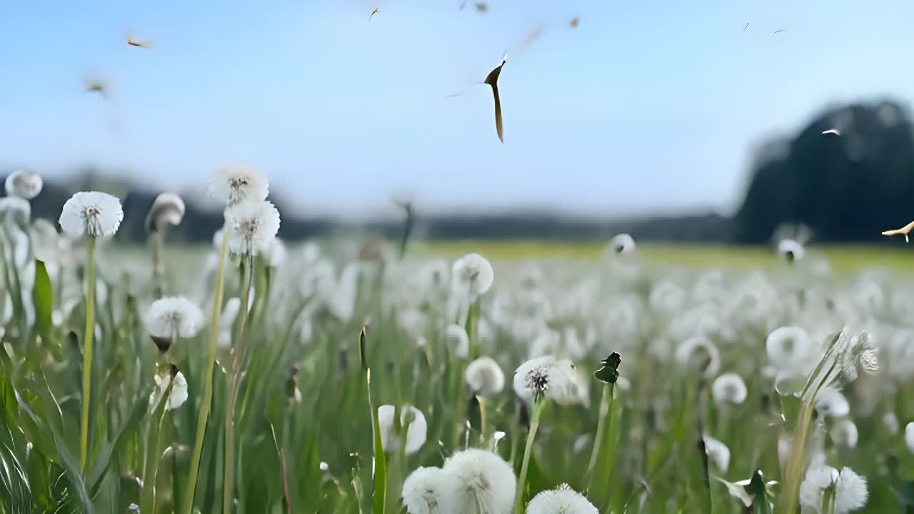 一片白色的蒲公英在微风中轻轻摇曳，一些种子飘散开来