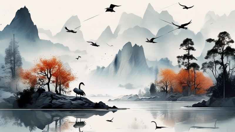 国风山水鹤插画背景 36